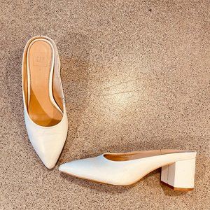 White mules with blocky heel